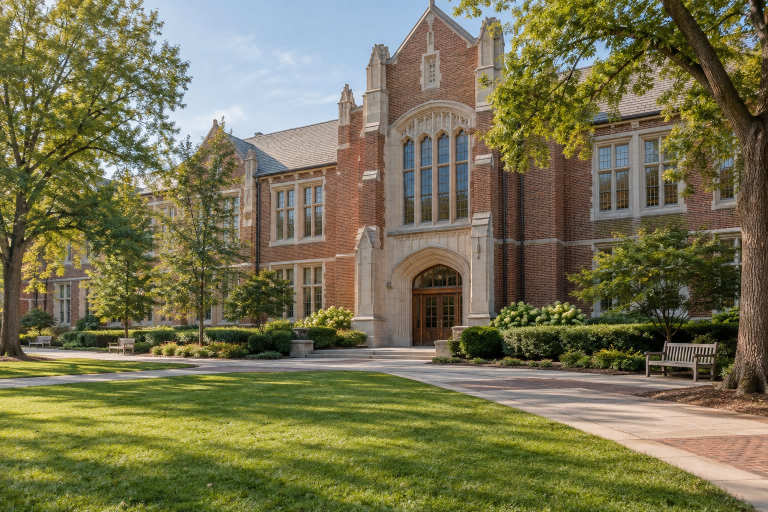 Brick academic building beside a landscaped university walkway
